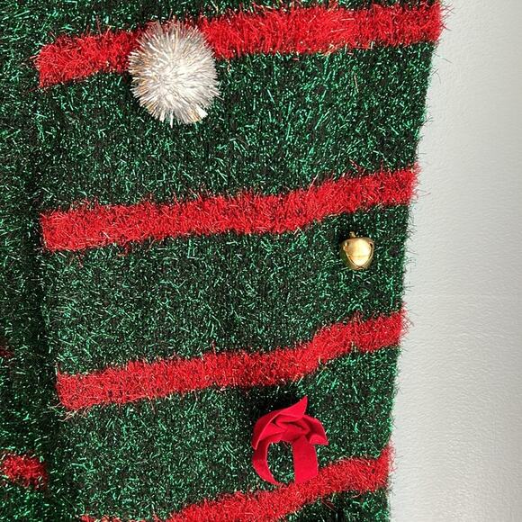 Blizzard Bay Tacky Christmas Long Sweater Vest Tinsel Green Red Embellishment M - Picture 7 of 9